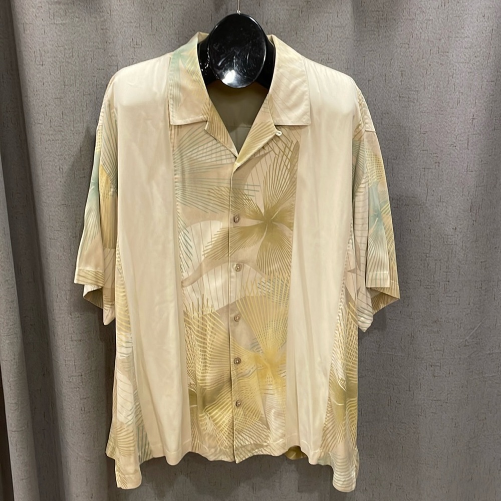 Tommy Bahama Men’s 2XL Silk Short Sleeve Shirt Tropical Tan Beige Stripe Neutral